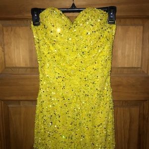 Bright Yellow Strapless Sequins Scala Prom Dress